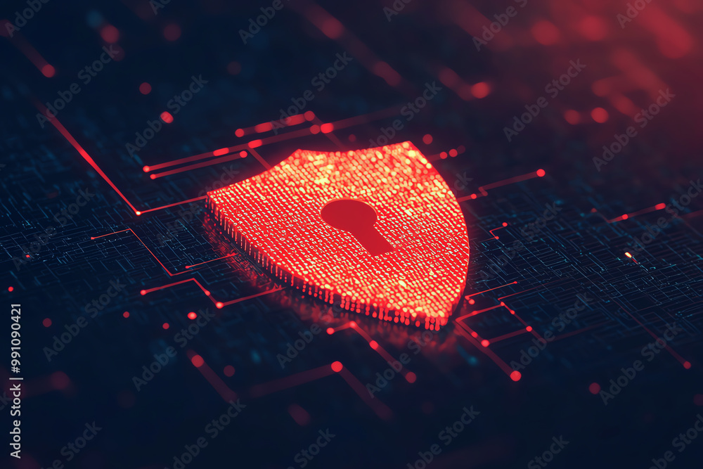 Poster 3dillustration of digital privacy shield surrounded by encrypted codes, with decryption streams unlo