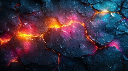 A vibrant depiction of lava cracking through dark rocky terrain, illuminated with shades of fiery orange and pink against a starry backdrop.