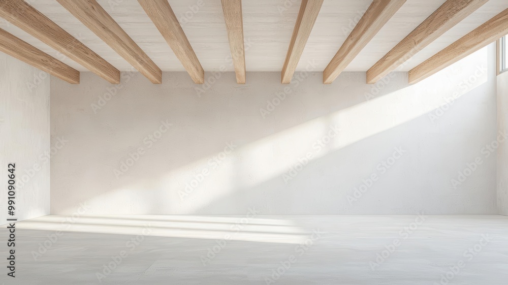 Poster open floor living space with minimal decor, emphasizing structural elements like beams and floor pat