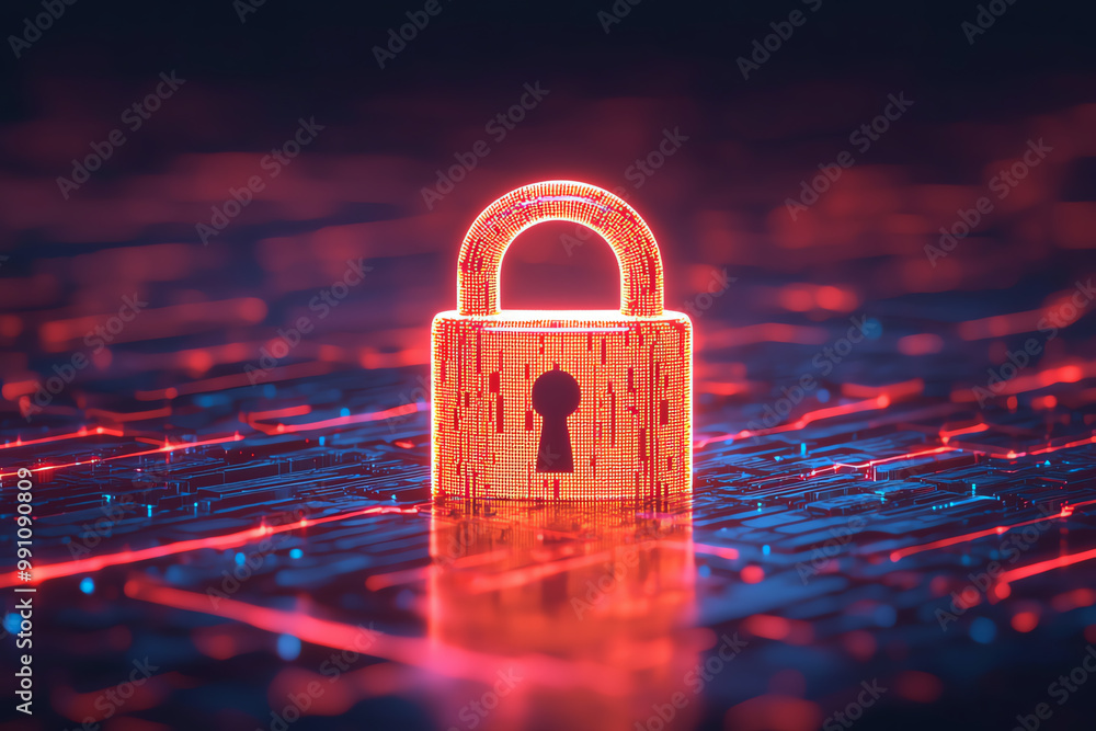 Poster futuristic digital padlock symbolizing encryption, privacy, and decryption processes, glowing data s