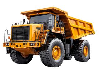 A yellow dump truck with a black grille