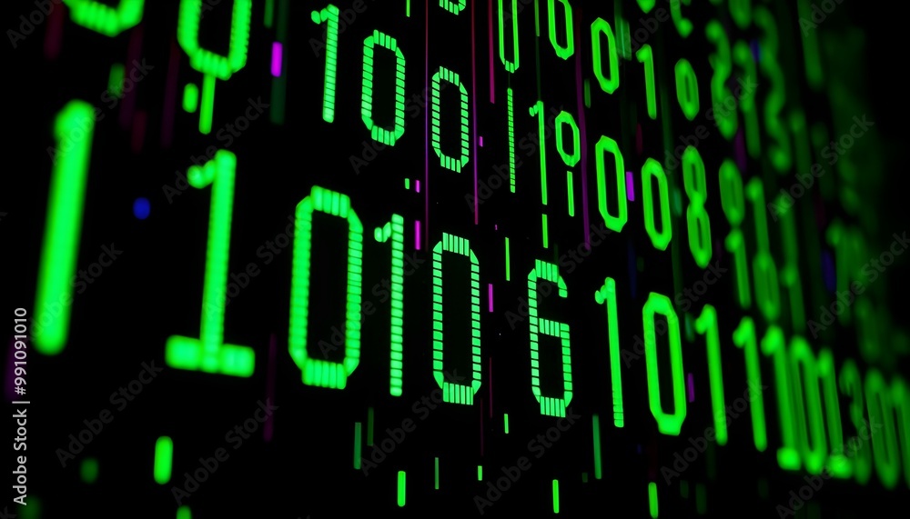 Wall mural Digital binary data on computer screen. Abstract information technology background. Digital binary code matrix background.