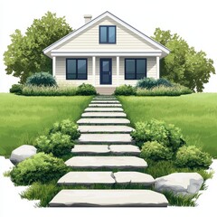 A lawn with a stone pathway leading to the house, garden design, vector art, muted colors, isolated on white background