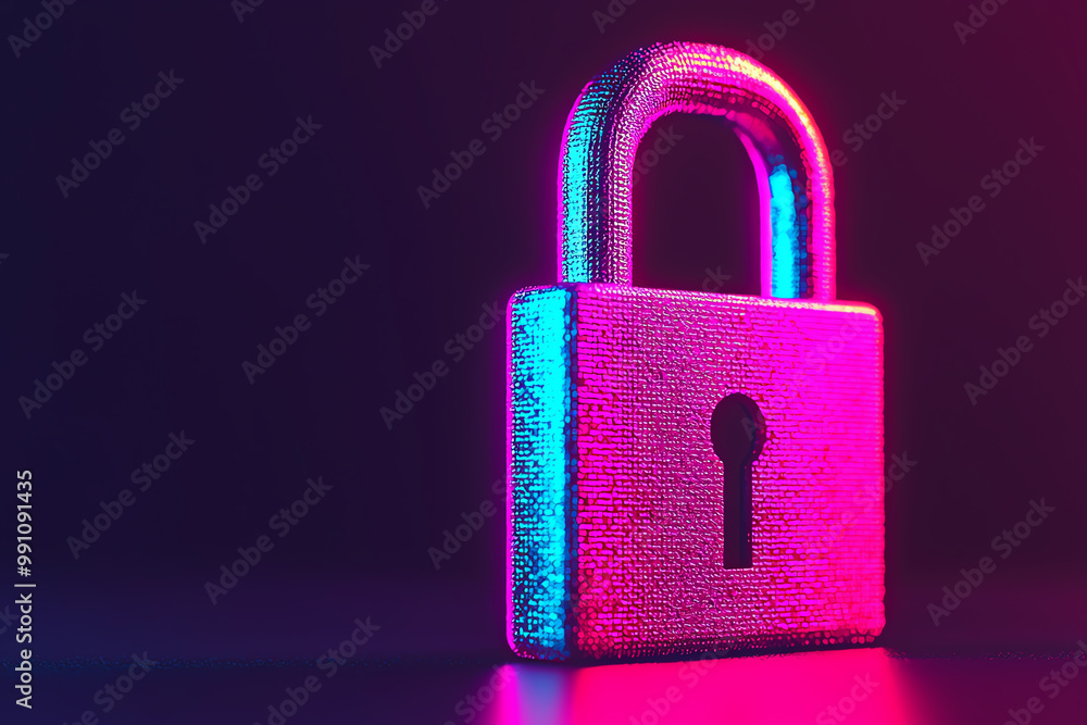 Poster futuristic digital padlock symbolizing encryption, privacy, and decryption processes, glowing data s