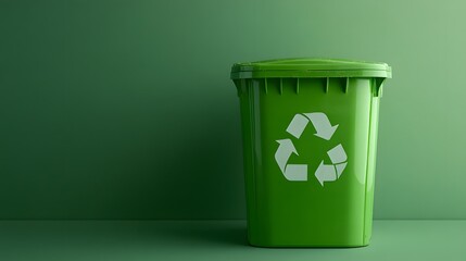 Green recycling bin symbolizes eco-friendly waste management with a recycle symbol on a light green background, emphasizing sustainability and minimalist design for urban living.