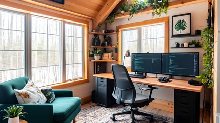Fototapeta premium Cozy home office with modern decor, natural lighting, and green plants.