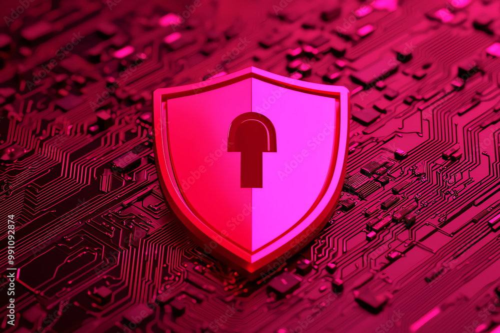 Poster 3dillustration of digital privacy shield surrounded by encrypted codes, with decryption streams unlo