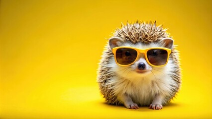 Cool hedgehog wearing sunglasses posing on a bright yellow background, hedgehog, sunglasses, cute, adorable, animal, cool