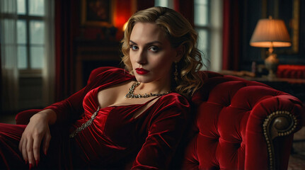 Elegant Vampire Woman Reclining on Luxurious Red Velvet Sofa in Vintage Room © Jason