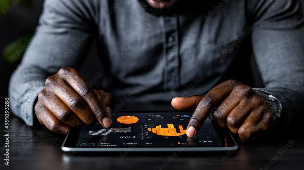 Poster data driven decisions: a close-up of a businessman's hands interacting with a tablet displaying fina