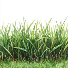 Obraz premium A freshly watered lawn with dewdrops, healthy green grass, watercolor illustration, soft tones, isolated on white background