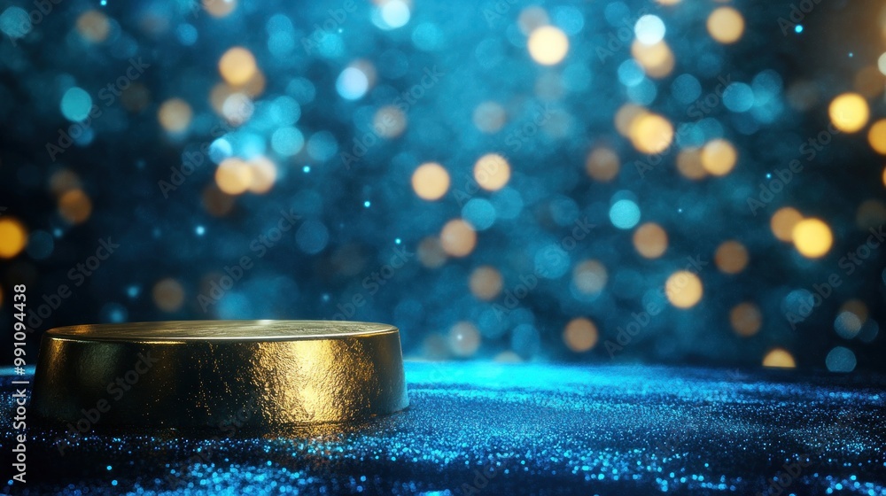 Poster a golden circular object on a shimmering blue surface with a blurred bokeh background.