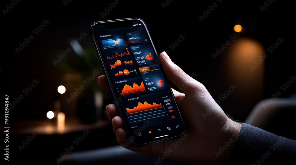 Poster data-driven decisions: a close-up shot of a hand holding a smartphone displaying a dashboard filled 
