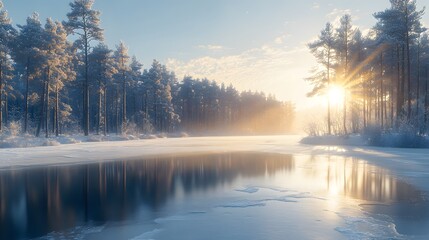 Fototapeta premium Serene winter landscape with a frozen lake and snow-covered forest, featuring frosted branches and sunburst through trees, creating a tranquil scene in crisp sunlight and misty atmosphere.