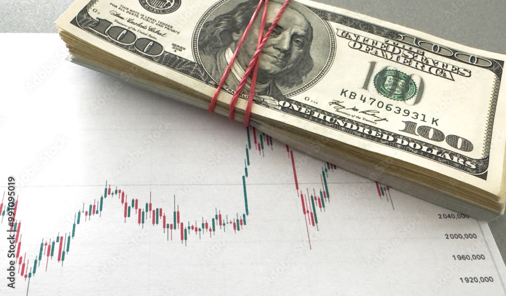 Poster fundamental and technical analysis concept. background with currency bars and candles