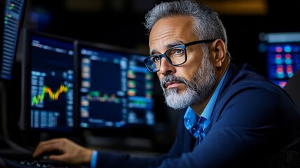 The Stock Market Strategist: A seasoned professional,  focused and determined,  analyzes data on multiple monitors in a dimly lit office,  representing the world of finance and investment.  