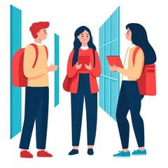 Fototapeta premium A group of students chatting in a hallway, school life concept, flat design, pastel colors, isolated on white background