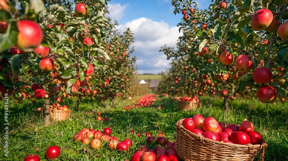 Poster a wicker basket overflowing with red apples sits in the middle of an apple orchard.