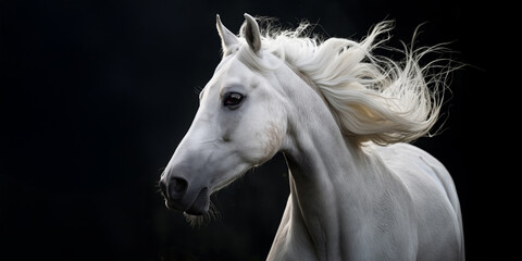 Portrait of a white horse on a black background.