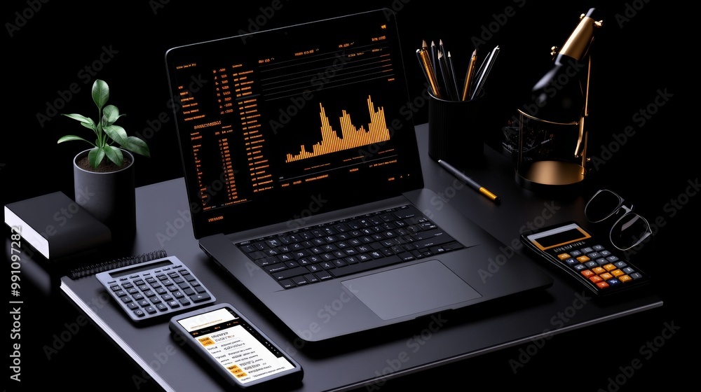 Poster the data driven desk: a sleek black laptop displaying a vibrant graph, surrounded by essential tools
