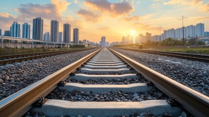 Fototapeta premium perspective of railway track forward to building in city