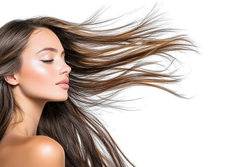 A woman with long hair and a white background