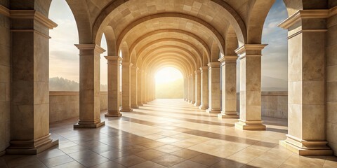 Obraz premium Sunlight streams through arched colonnade to distant doorway, illuminating pale stone floor , Sunlight, arch