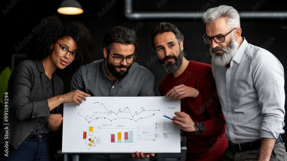 Poster analyzing data: diverse team of professionals collaborates on a whiteboard in a modern office, revie