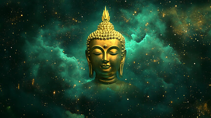 Obraz premium Buddhist background with a golden Buddha image set against a deep blue, starry night sky