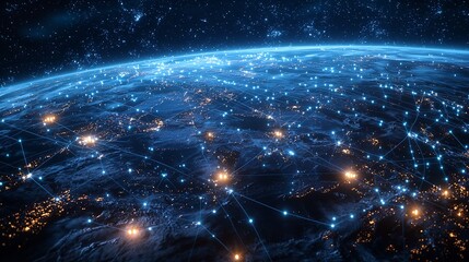 Abstract hologram and data particle above the city at night in cyber space