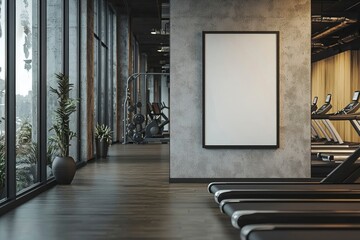 Empty Frame Mockup in Modern Gym with Treadmills and Window View