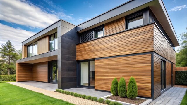 Wood texture composite cladding installation on modern house facade with WPC exterior wall siding panels , wood, texture