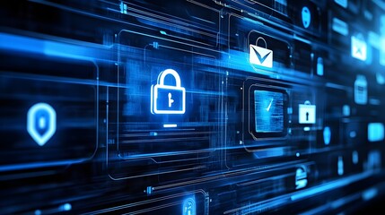 Obraz premium Digital security icons on a futuristic blue background.