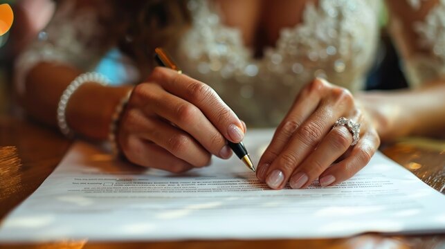 A bride joyfully signing her marriage certificate with elegance and grace in a warm, intimate setting. Generative AI