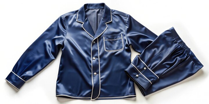 Luxurious navy blue silk or satin tailored pyjama detail with soft wrinkles , navy blue, silk, satin, tailored, pyjama