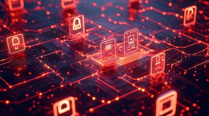 Obraz premium Digital security network with glowing icons symbolizing data protection.