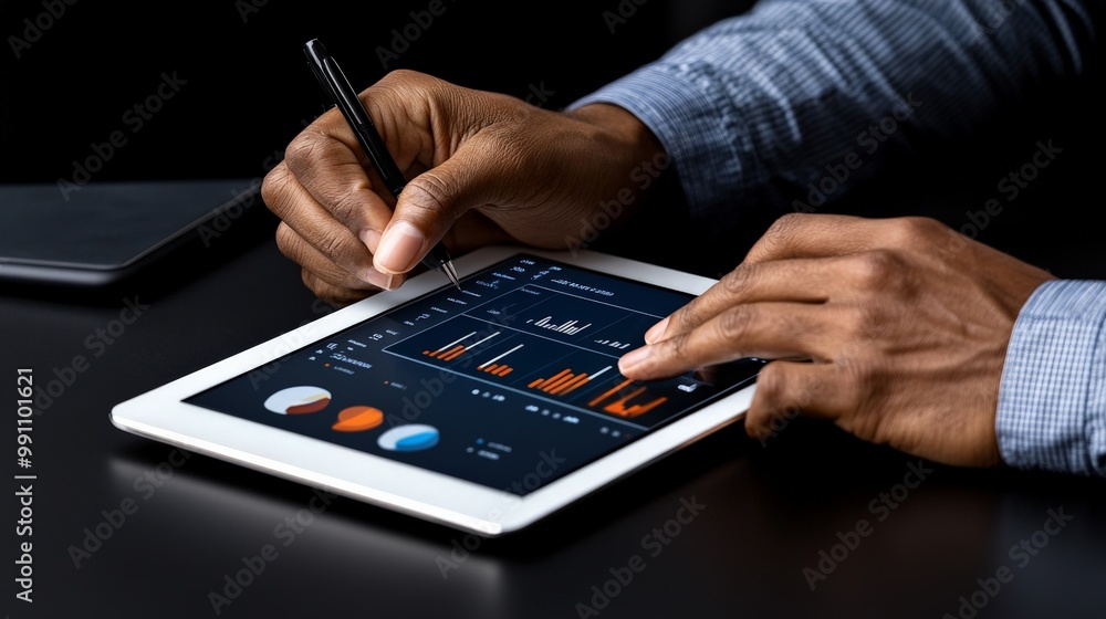 Poster data driven decisions: a close-up shot of a businessman's hands meticulously analyzing data on a tab