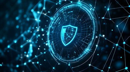 Digital shield with glowing nodes network, representing cybersecurity.