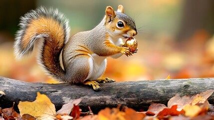 Fototapeta premium Playful squirrel balancing on a log while holding a shiny almond, forest floor covered in fallen leaves, vibrant natural lighting and dynamic scene