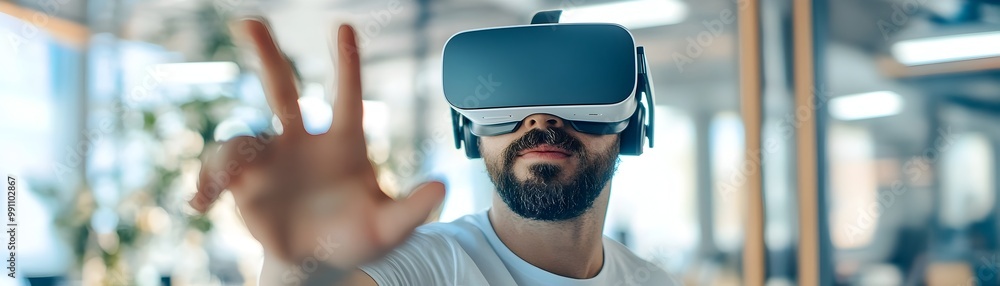 Poster man in vr headset transitioning from office to creative studio for career pivot