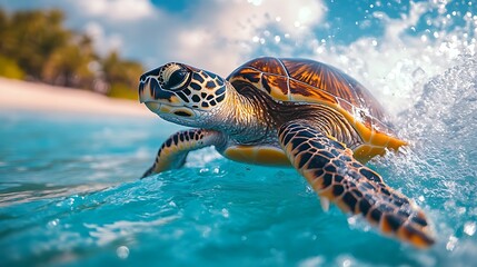 Fototapeta premium A green sea turtle swims through turquoise water, its shell reflecting the sunlight as it leaves a trail of bubbles behind it.