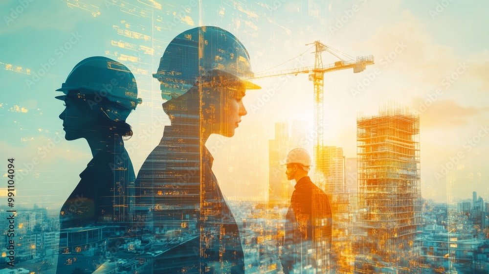 Poster team engineer building construction project with architect people or construction worker working wit