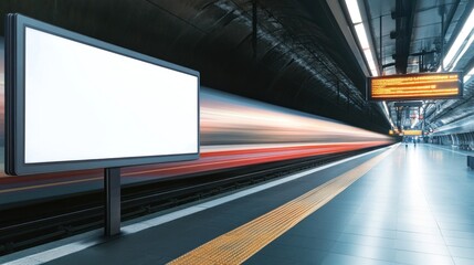 A blank billboard on a subway platform with a blurred train passing by.