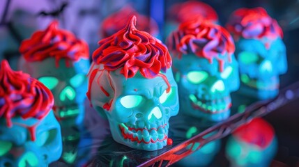 Fototapeta premium Glowing skull pastries with vibrant red and cyan frosting, set in a futuristic witch's cafe, spooky yet sweet