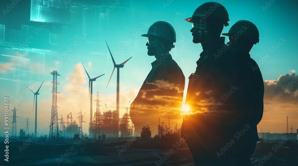 Poster team of engineer people working in wind turbine and industrial with double exposure. concept enginee