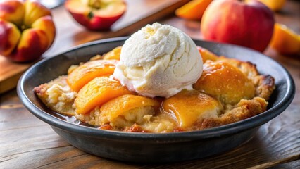 Closeup of fresh peach cobbler topped with melting ice cream, peach, cobbler, dessert, delicious, sweet, homemade, fruity