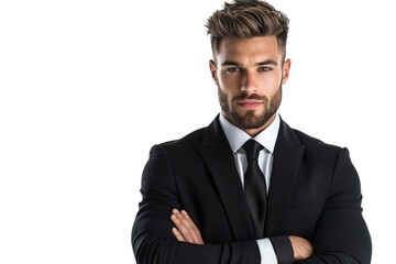 A man in a suit and tie is standing with his arms crossed