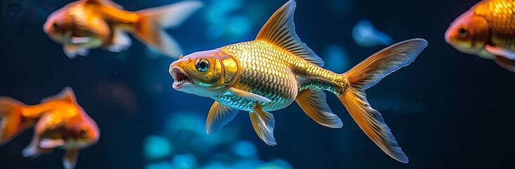 Fototapeta premium Leading Others Through Stormy Seas With A Small Brave Goldfish With Shark Fin Costume