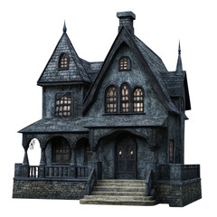 Fototapeta premium A creepy vintage house with dark architecture and eerie charm, perfect for Halloween or spooky themes., isolated on a transparent background.