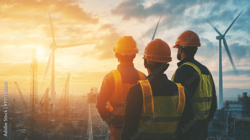 Poster team of engineer people working in wind turbine and industrial with double exposure. concept enginee